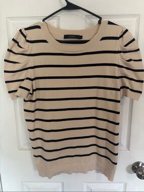 Beige and Black Striped Puff-Sleeve Short Sleeve Top.